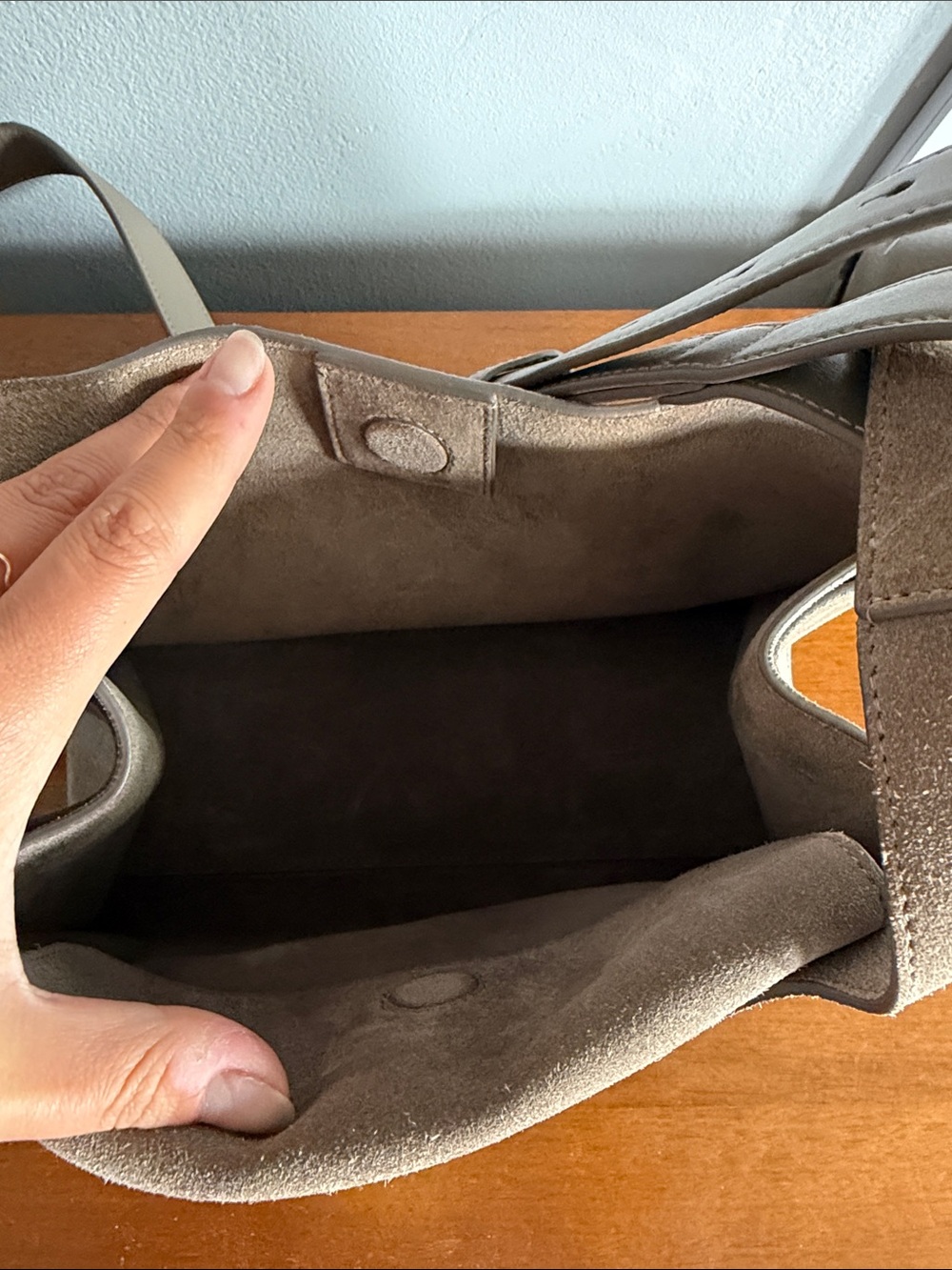 Cuyana Double Loop Bag Suede Neutral Tan Gray Crossbody Shoulder Bag - Picture 12 of 12